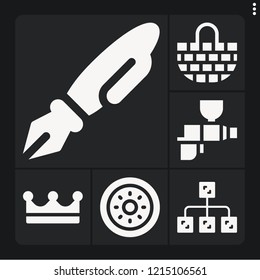Set of 6 simple filled icons such as crown, shield, diagram, basket, spray gun
