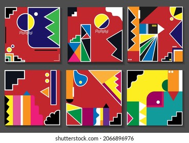 Satz von 6 einfachen geometrischen modernen Vorlagentypen. Vektorgrafik. Geometrisches minimalistisches Kunstfoto mit einfachen Formen und Bildern.