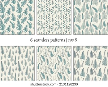 set of 6 simple hand frawn fern patterns on white background