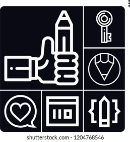 Set of 6 simple outline icons such as pencil, key, heart