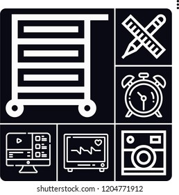 Set of 6 simple outline icons such as clocks, cart, camera, heart, pencil
