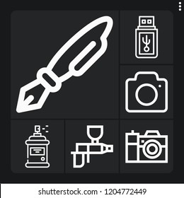 Set of 6 simple outline icons such as pendrive, spray, camera, spray gun