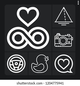 Set of 6 simple outline icons such as triangle, camera, steering wheel, heart, rubber duck