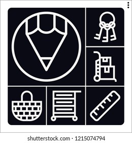Set of 6 simple outline icons such as keys, pencil, trolley, ruler, cart