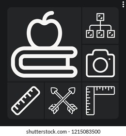 Set of 6 simple outline icons such as diagram, ruler, camera, book