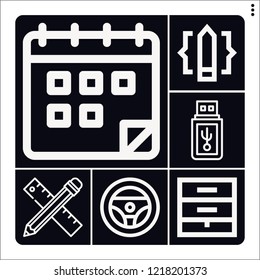 Set of 6 simple outline icons such as pendrive, steering wheel, pencil, chest of drawers
