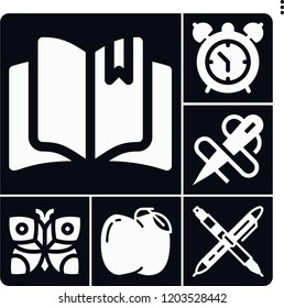 Set of 6 single filled icons such as pen, apple, open book, alarm clock, needle