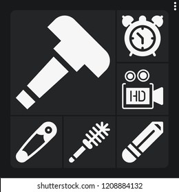 Set of 6 single filled icons such as video camera, toilet brush, pencil, hammer, alarm clock