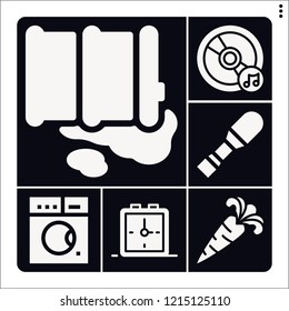 Set of 6 single filled icons such as compact disc, alarm clock, carrot, barrel, screwdriver