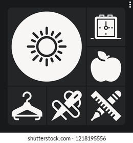 Set of 6 single filled icons such as alarm clock, kiwi, apple, hanger, needle
