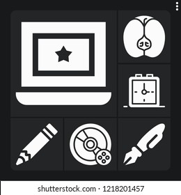 Set of 6 single filled icons such as compact disc, apple, alarm clock, pencil, pen