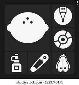 Set of 6 single filled icons such as pear, pencil, safety pin, compact disc, oil bottle
