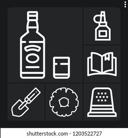Set of 6 single outline icons such as whiskey, pineapple, shovel, open book, oil bottle