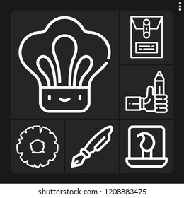 Set Of 6 Single Outline Icons Such As Dossier, Pineapple, Pencil, Laptop, Pen