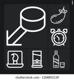 Set of 6 single outline icons such as guillotine, whiskey, eggplant, laptop, puck