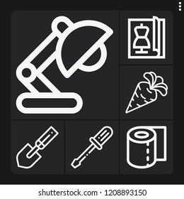 Set of 6 single outline icons such as screwdriver, carrot, shovel, desk lamp, magazine