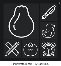 Set of 6 single outline icons such as clocks, pear, pencil, pen, rubber duck