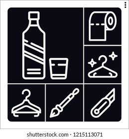Set of 6 single outline icons such as whiskey, hanger, toilet paper, cutter
