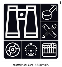 Set of 6 single outline icons such as pencil, binoculars, puck, compact disc