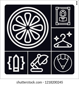 Set of 6 single outline icons such as grapefruit, pencil, hanger, portrait