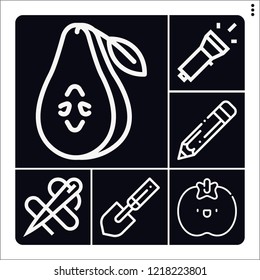 Set of 6 single outline icons such as pencil, pear, shovel, tomato, needle