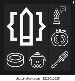 Set of 6 single outline icons such as screwdriver, tomato, pen, puck, pencil