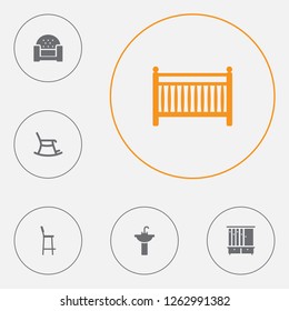 Set of 6 situation icons set. Collection of hall tree, bar stool, armchair and other elements.