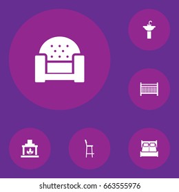 Set Of 6 Situation Icons Set.Collection Of Bedroom, Sink, Chimney And Other Elements.