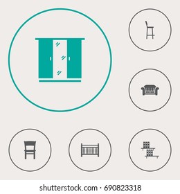 Set Of 6 Situation Icons Set.Collection Of Bookcase, Cupboard, Stool And Other Elements.