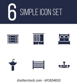 Set Of 6 Situation Icons Set.Collection Of Commode, Bedroom, Sink And Other Elements.