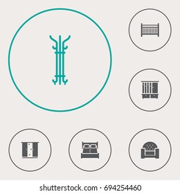 Set Of 6 Situation Icons Set.Collection Of Bedroom, Coat Stand, Cot Elements.
