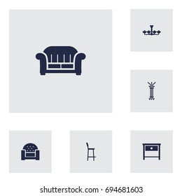Set Of 6 Situation Icons Set.Collection Of Sofa, Chair, Coat Stand Elements.