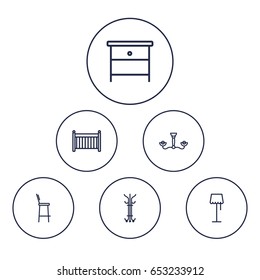 Set Of 6 Situation Outline Icons Set.Collection Of Bar Stool, Floor Lapm, Hanger And Other Elements.