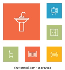 Set Of 6 Situation Outline Icons Set.Collection Of Armchair, Closet, Tv Set And Other Elements.