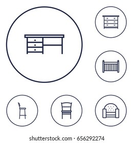 Set Of 6 Situation Outline Icons Set.Collection Of Drawer Unit, Desk, Bar Stool And Other Elements.