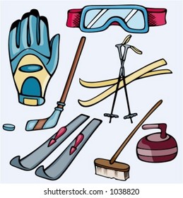 A set of 6 skiing, ice hockey and curling icons. Ready-to-cut. Pantone colors.