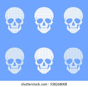 Set of 6 skulls. geometric patterns on a blue background.