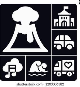 Set of 6 sky filled icons such as tsunami, volcano, truck, cloud, university