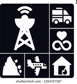 Set of 6 sky filled icons such as aeroplane, house, landslide, van, eternity