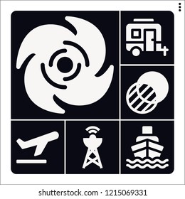 Set of 6 sky filled icons such as caravan, ship, cyclone, take off, transparency
