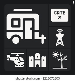 Set of 6 sky filled icons such as castle, caravan, helicopter, drought, gate
