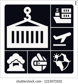 Set of 6 sky filled icons such as boat, container, snow fall, iceberg, take off