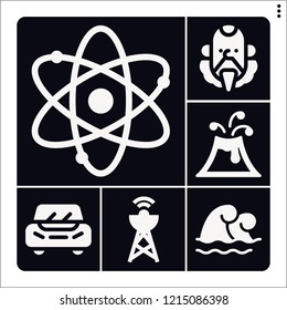 Set of 6 sky filled icons such as car, tsunami, volcano, big bang theory, cervantes