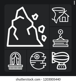 Set of 6 sky outline icons such as zeppelin, crane, balcony, hurricane, landslide
