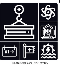 Set of 6 sky outline icons such as christian, hydro power, nuclear power, crane, house