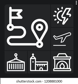 Set of 6 sky outline icons such as sun energy, church, route, container, take off