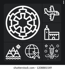 Set Of 6 Sky Outline Icons Such As Church, Fireworks, Aeroplane, Flight, Galactic Empire