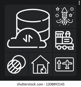 Set of 6 sky outline icons such as fireworks, train, house, airport, transparency