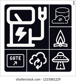 Set of 6 sky outline icons such as electric tower, atmosphere, gate, ufo, cloud