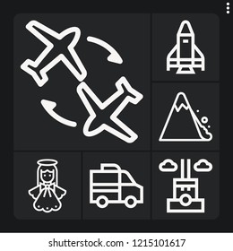 Set of 6 sky outline icons such as angel, landslide, flight, chimney, van